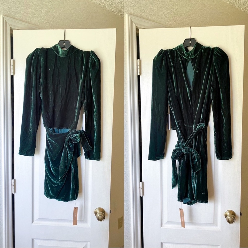 Reformation Burgundy Green Velvet Mock Wrap Keyhole Back Mini Dress Holiday 10 - Picture 7 of 9